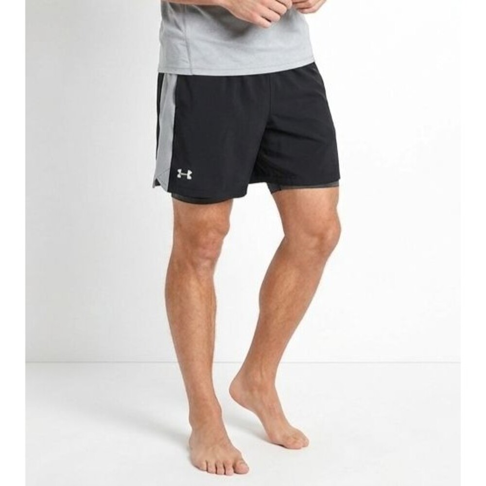Under Armour Mens 2XL Launch Running Shorts Black Grey HeatGear Lined 9" Inseam
